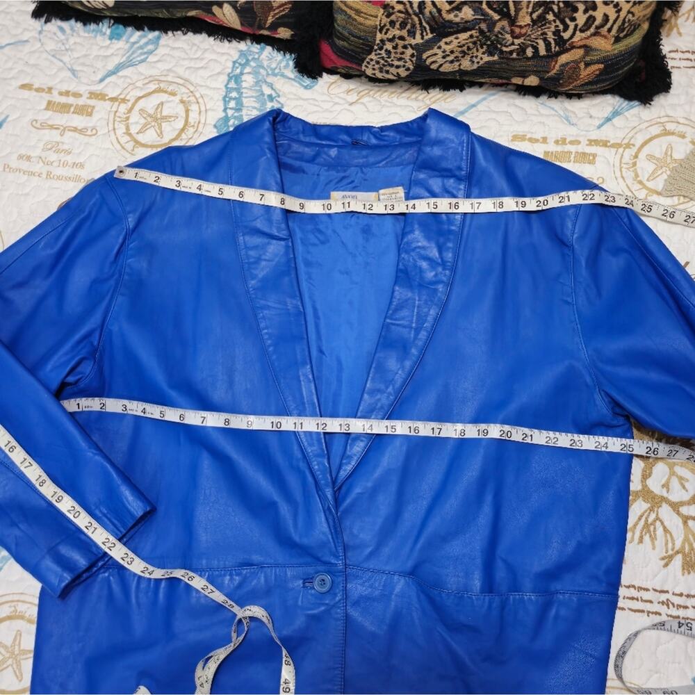 80s Retro Blue Leather Blazer Jacket Vintage Size L - Picture 10 of 16